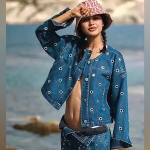 Blank NYC Silver Dreams Jacket denim collarless grommet cropped boxy